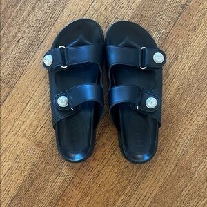 Jimmy Choo Fayence Black Leather Slide Sandals with Pearl Accents—Never worn